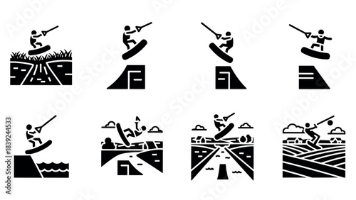 Dynamic wakeboarding icons in bold black silhouette style for action sports designs