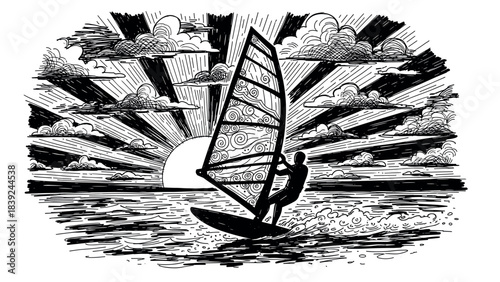Windsurfer riding waves at sunset in dramatic sketched seascape with bold lines and clouds