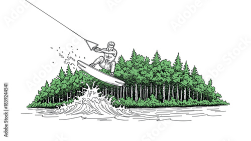 Wakeboarder performing tricks on a lake with forest backdrop in sketch style