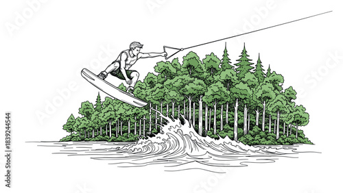 Wakeboarding adventure in nature with forest background and dynamic wave