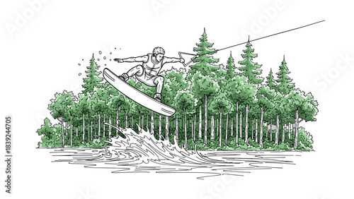 Dynamic wakeboarding adventure in forested lake