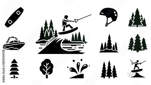 Wakeboarding adventure with nature elements and accessories in silhouette style