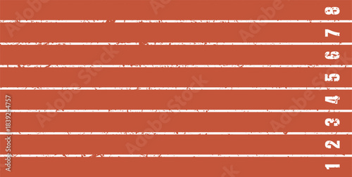 Distressed running track lanes with worn numbers and textured white markings, suitable for athletics themes, sport graphics, race concepts, motivation designs and training-related visuals.