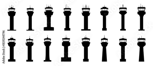 Control tower silhouette set with aviation structures. Each tower presents tall architectural forms in clean minimal styling