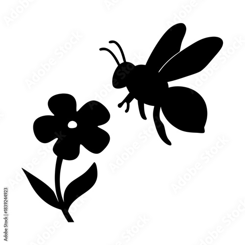 Black silhouette of a bee flying towards a flower silhouette