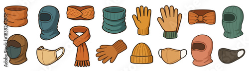 Winter clothing accessories shown in a soft hand drawn style with warm cozy textures. The set includes balaclavas, scarves, gloves, hats and face masks