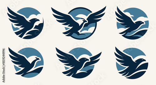 Eagle logo set with strong flying shapes. Each emblem shows bold bird figures inside circular compositions