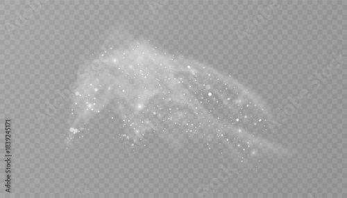 A winter snowstorm background effect with snow, a cold wind effect, soft fog, and fine snow particles. A translucent element for New Year's and Christmas designs on a transparent background.