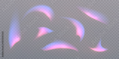 Rainbow light refraction flares in soft curved shapes on a transparent background. Vector pastel glare elements for overlays in illustrations, cosmetic layouts and dreamy design.	
