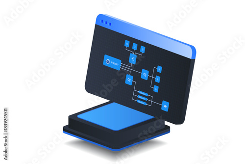 AI workflow automation artificial intelligence. ai agent system diagram with connected automation node and technology workflow. isometric illustration.