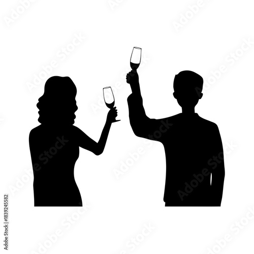 Couple celebrating with champagne glasses silhouette