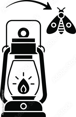 Vintage lantern attracting a moth in a simple black and white illustration