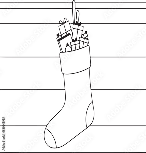A simple line drawing of a christmas stocking overflowing with wrapped gifts and bows isolated on white background.