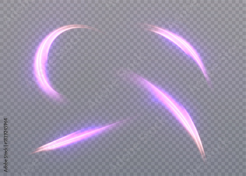 Neon purple light strokes on a transparent background. Can be used as a magical effect, energy movement, accent in interface or game design.	
