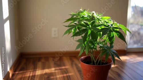 Indoor potted cannabis plant in a room corner, bathed in sunlight