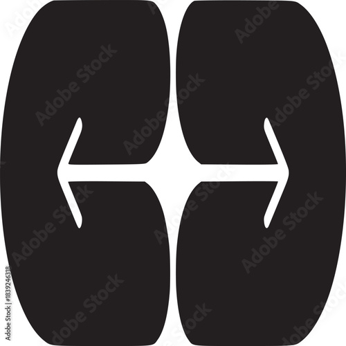 A graphic illustration of two black shapes with arrows pointing in opposite directions on white