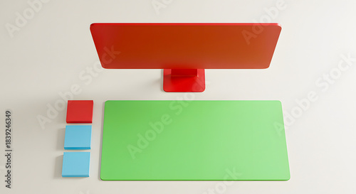 Vibrant minimalist workspace from an aerial view, featuring a bold red monitor, a green desk mat, and colorful blocks, emphasizing modern office aesthetics and efficient design
