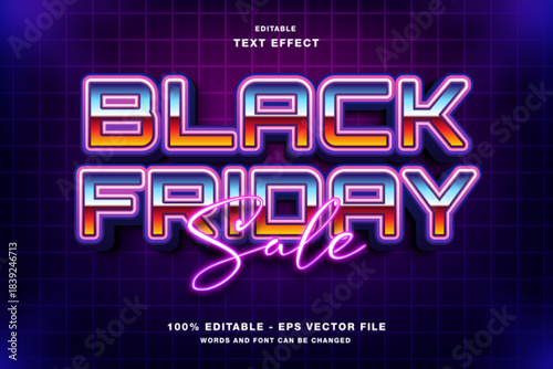 Black friday sale event with retro text effects. Ideal for social media posts, marketing campaigns, and website banners.