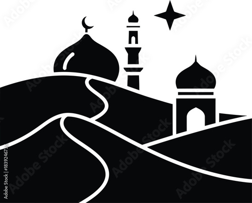 Minimalist black and white illustration of a mosque and desert landscape