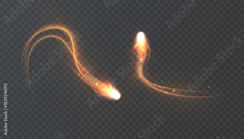 A golden magical comet with numerous sparkling dust particles and shimmering light effects. A magical golden swirl for web design and fairytale decorations. Vector