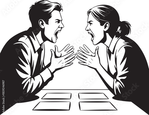 Minimal Black and White Line Art Illustration of a Man and Woman in an Intense Confrontation Across a Table