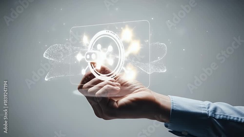 Wallpaper Mural Open Hand Holding Glowing Geometric Network Symbol on Transparent Screen Against Gray Backdrop Torontodigital.ca