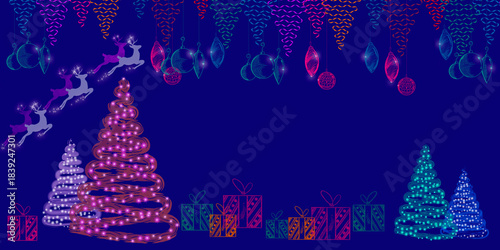 Background for greetings. New Year and Christmas. Stylized Christmas trees, gift boxes, Christmas toys, running deer.