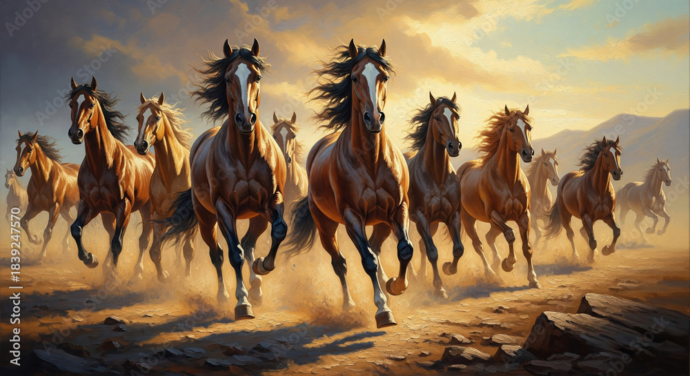 Fototapeta premium Dynamic Herd of Wild Horses Galloping Freely Across Arid Landscape at Golden Sunset