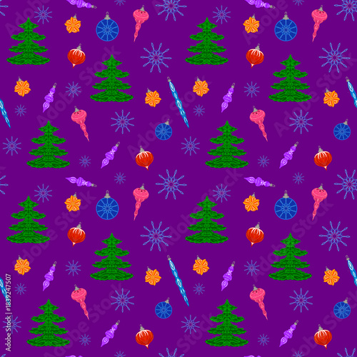 Seamless pattern. Winter, New Year, Christmas. Christmas trees and Christmas toys. For printing, fabrics and festive decoration.