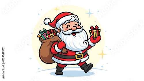 Santa Claus walking with a sack full of gifts and holding a present.