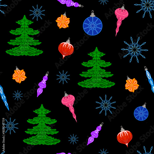 Seamless pattern. Winter, New Year, Christmas. Christmas trees and Christmas toys. For printing, fabrics and festive decoration.