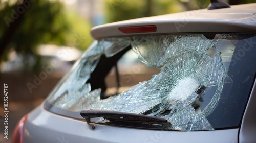 Close up of a shattered rear windscreen on a hatchback showing broken glass, vehicle damage, theft signs, safety hazard, vandalism, and urban crime context after a break-in
