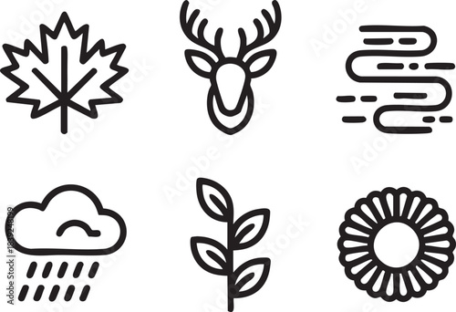 Set of six black line art icons depicting nature and weather elements leaf maple