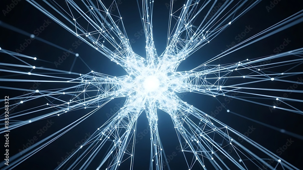 Fototapeta premium Vibrant abstract digital network of glowing interconnected lines and nodes, symbolizing advanced technology, artificial intelligence, data transfer, and complex neural pathways