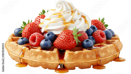 Delicious waffle topped with whipped cream, fresh berries, and drizzled syrup, isolated on transparent background