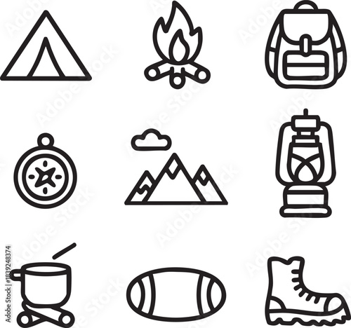 Camping and outdoor adventure icons including tent campfire backpack compass mountains lantern cooking pot and boot