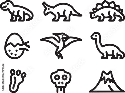 Collection of black line art icons depicting dinosaurs eggs footprints skull and volcano stegosaurus