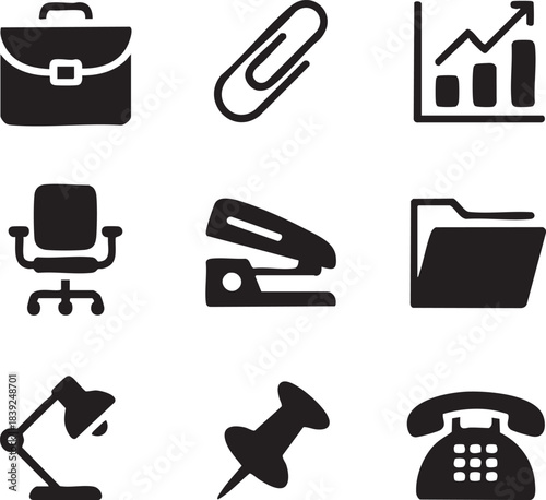 Collection of black office supply icons including briefcase desk lamp stapler and telephone paperclip