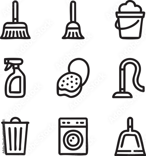 Collection of black outline icons for cleaning tools and appliances broom bucket