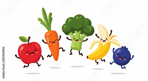 Cartoon Fruits and Vegetables Dancing Together in a Happy Group.