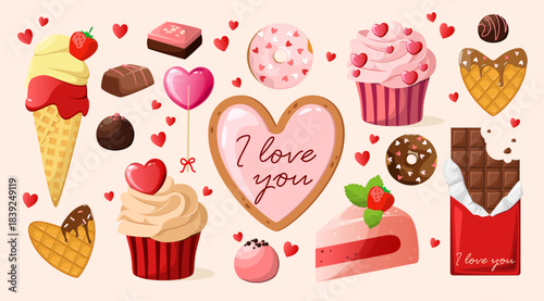 A set of cute desserts and sweets for Valentine's Day. Vector.
