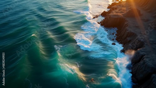 Waves crash on the shore as the sun sets over the ocean landscape in a coastal area
