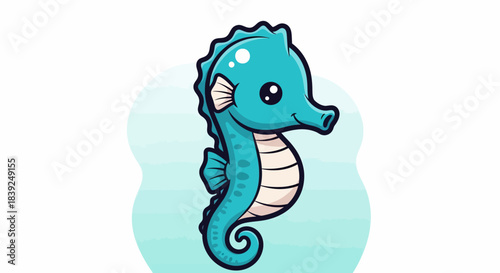 Cute cartoon blue seahorse swimming underwater.