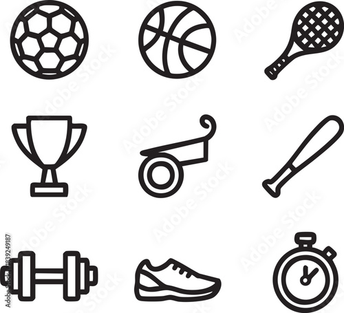 Collection of nine black sports icons on a white background including a soccer ball basketball tennis racket trophy baseball bat dumbbell