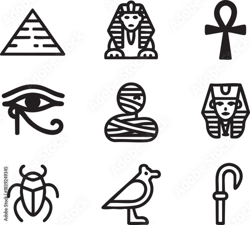 Egyptian Hieroglyphs and Symbols Pyramid Sphinx Ankh Eye Scarab Mummy Pharaoh Bird Crook vector