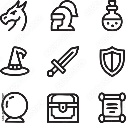 Fantasy game icons dragon helmet potion witch hat sword shield crystal ball treasure chest scroll