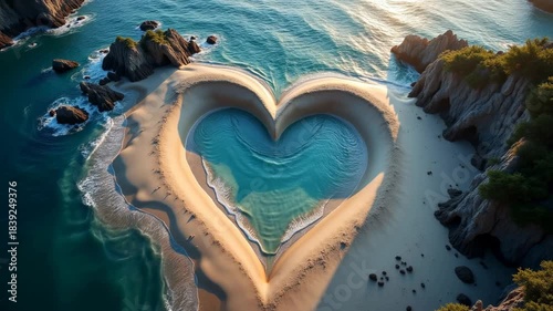 Beautiful sand heart shape in clear water on tropical beach during sunny day