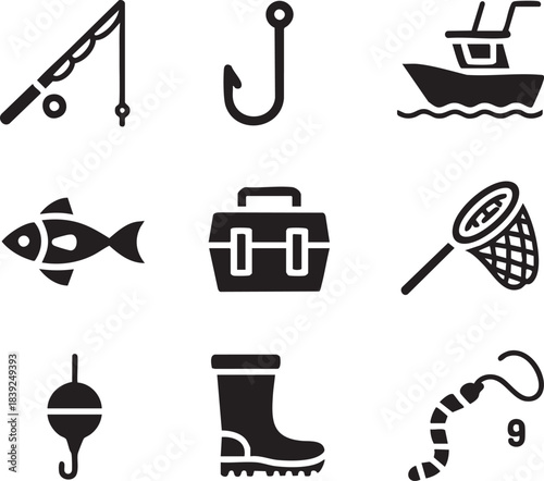 Fishing rod hook boat fish tackle box net float boot worm icons vector