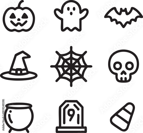 Halloween icons set featuring pumpkin ghost bat witch hat spiderweb skull cauldron tombstone candy corn
