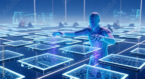 Stunning digital avatar interacting with glowing holographic data platforms in a futuristic immersive metaverse environment